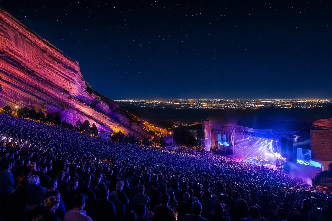 Red Rocks Amphitheatre packed with fans during a modern sold-out concert at night — purple and blue stage lighting, stars above, Denver city lights in the distance