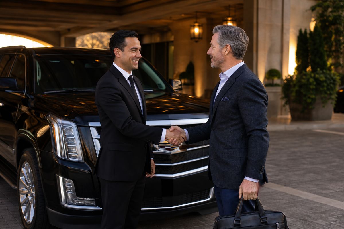 Luxury black SUV parked at an upscale hotel entrance with a chauffeur greeting a well-dressed passenger