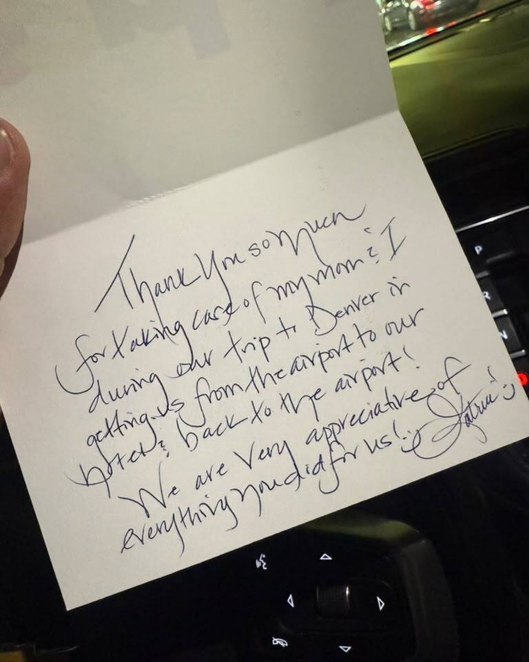 Handwritten thank-you card a client gave Arion Certified Driver Alexander after airport and hotel transfers in Denver