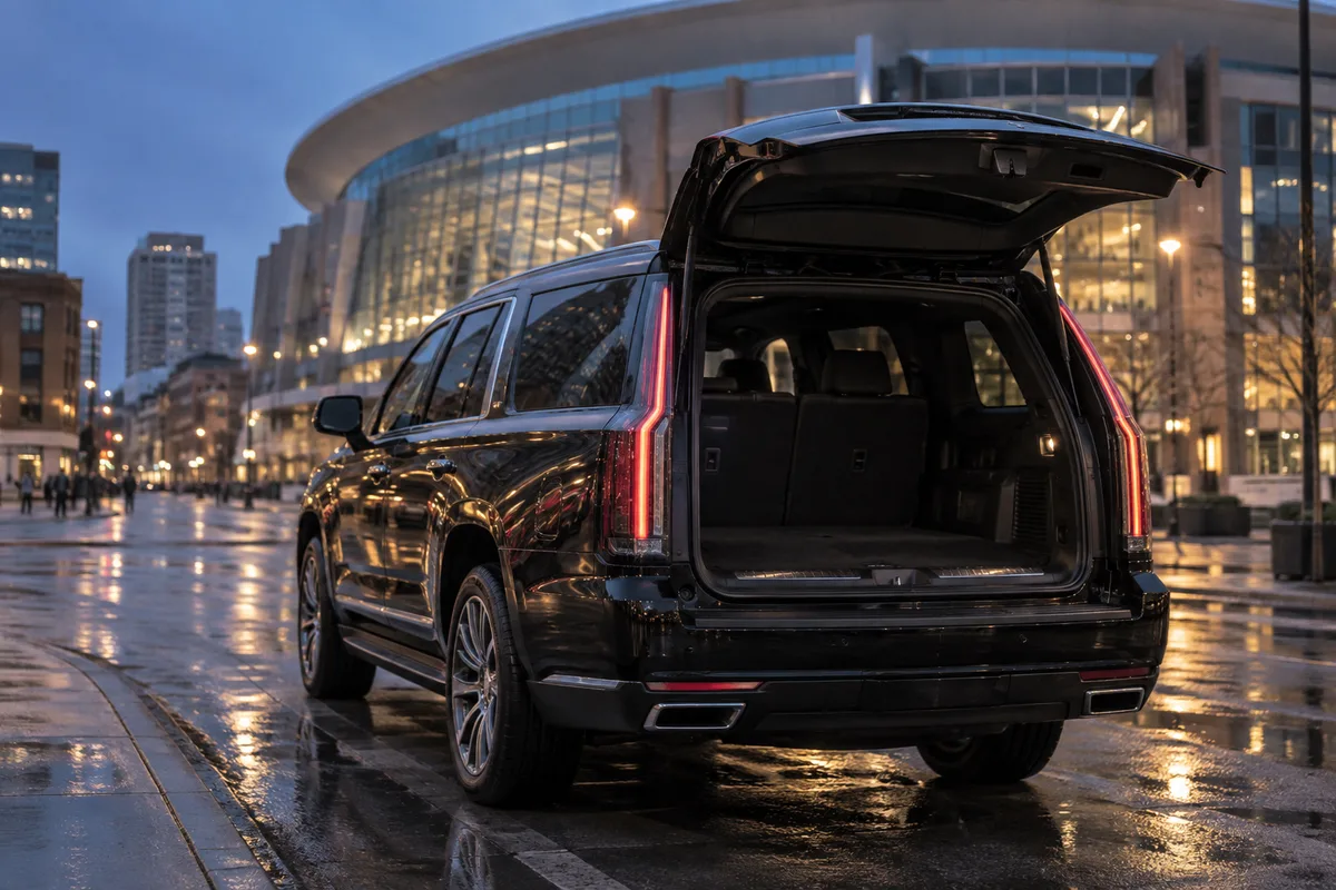 Black Arion luxury SUV with liftgate open outside Ball Arena in downtown Denver at dusk