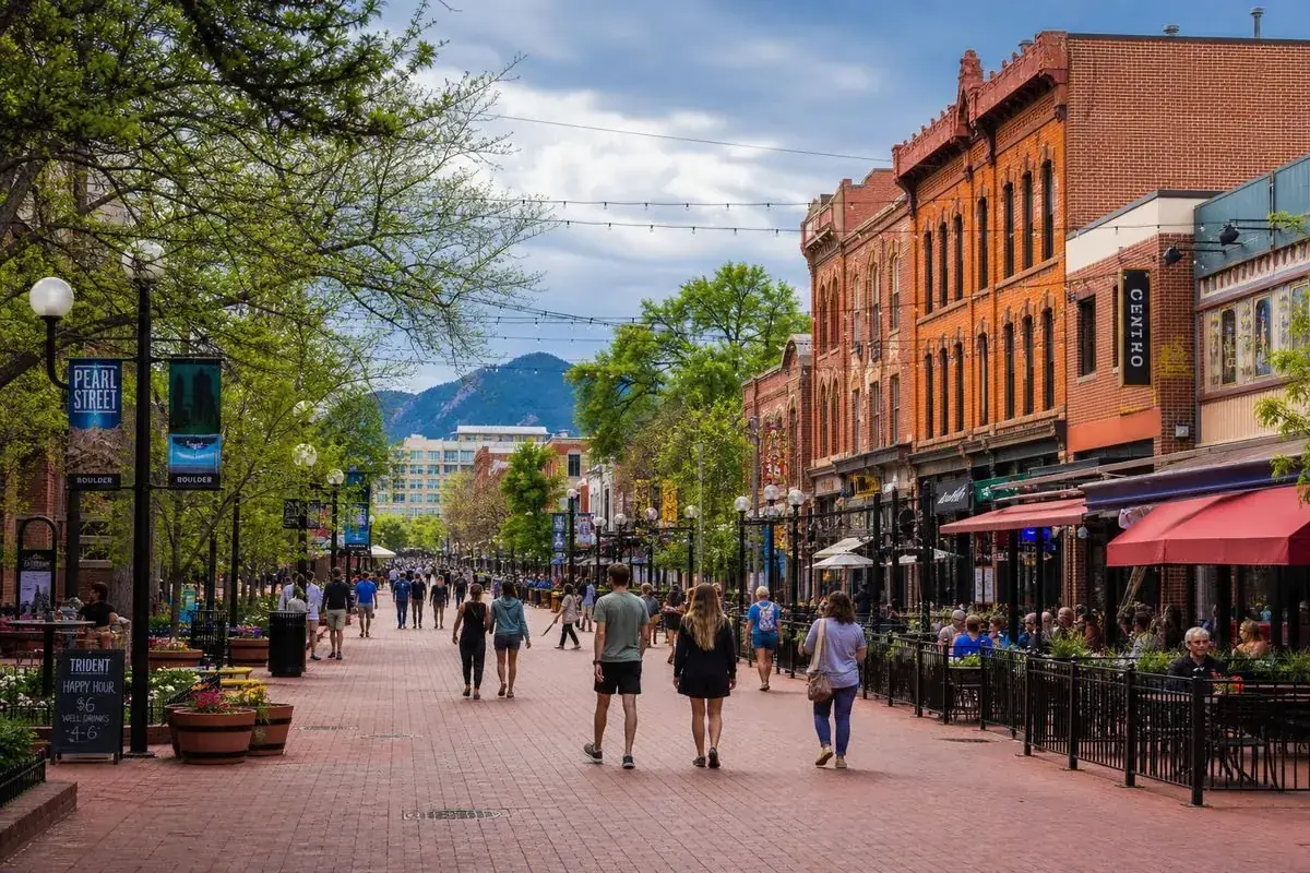 Pearl Street Mall in downtown Boulder with pedestrians and shops