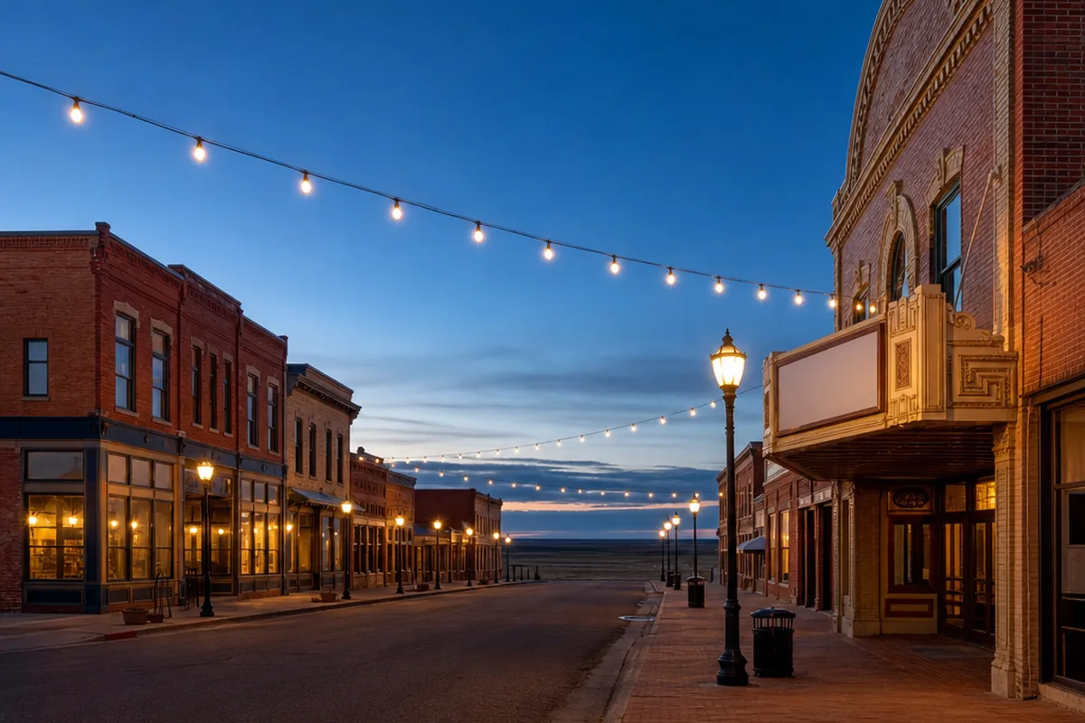 Historic brick storefronts on a Colorado main street at dusk