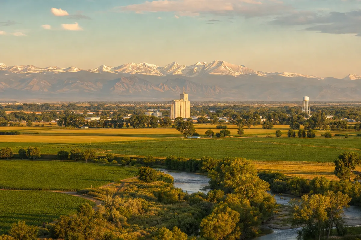 Farm fields and the Front Range north of Brighton, Colorado
