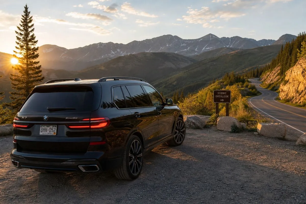 Luxury SUV driving along Colorado highway with mountain views