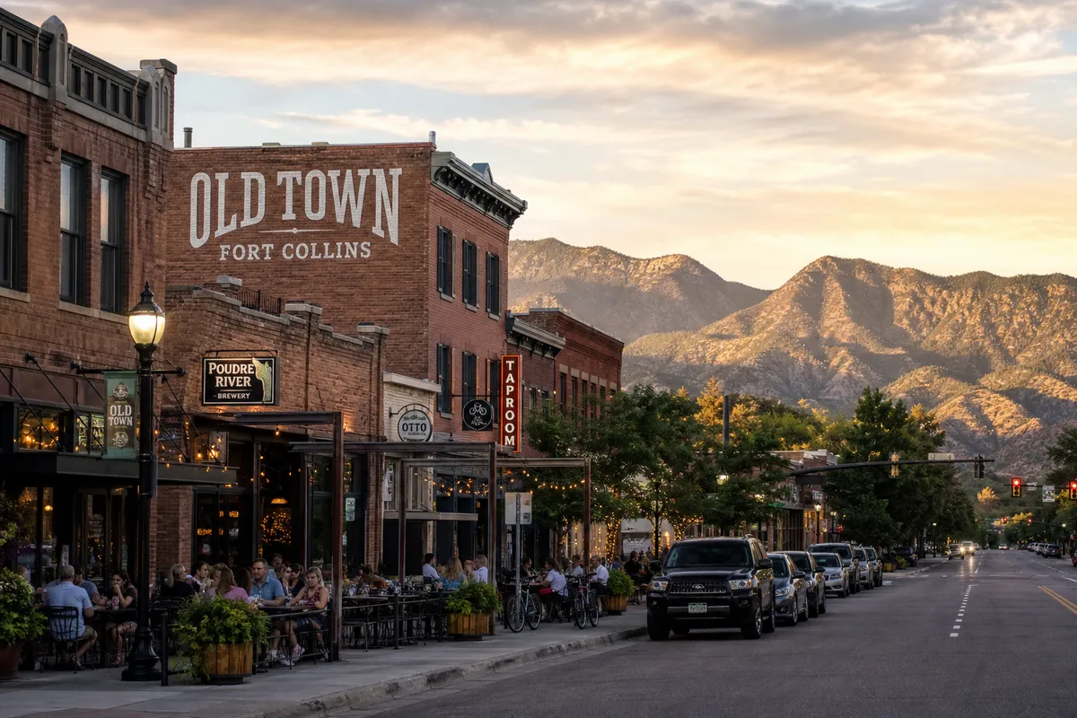 Old Town Fort Collins main street with craft breweries and mountain views