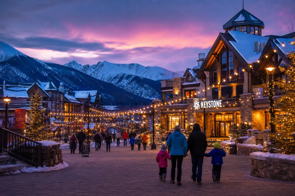 Keystone Resort village at dusk with string lights and mountain peaks