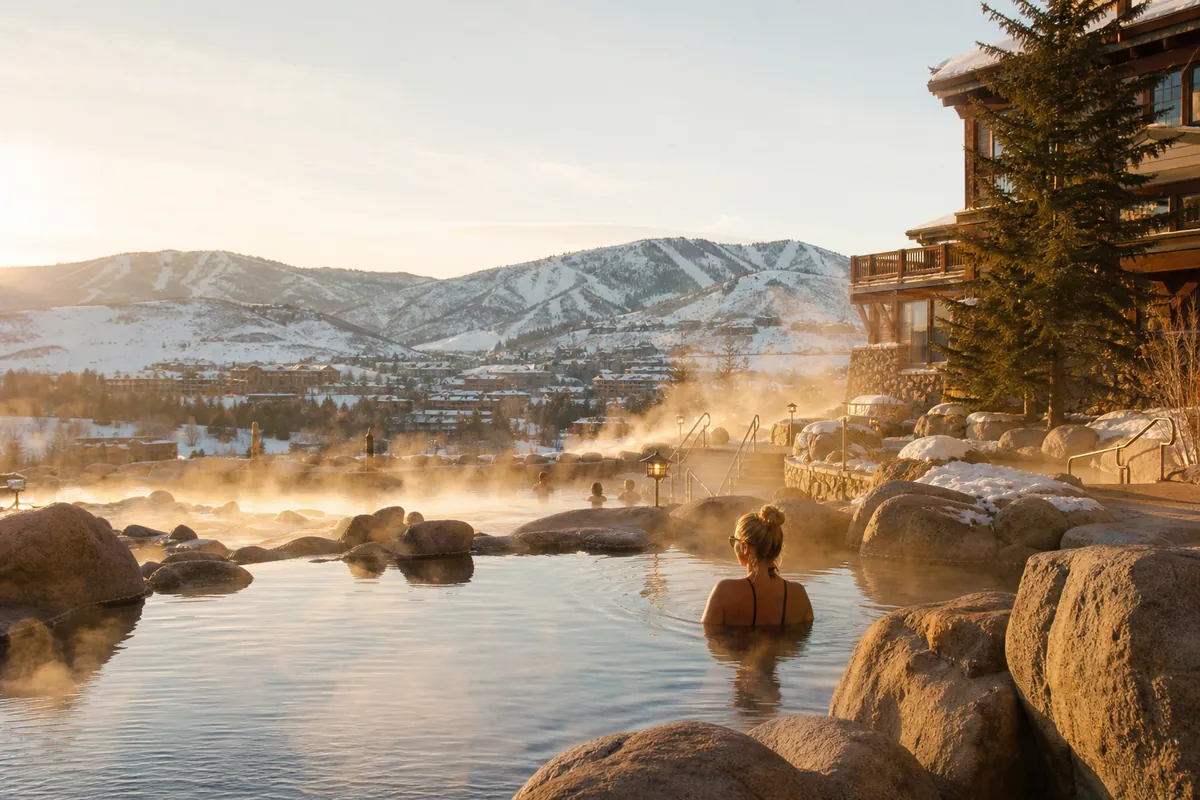 Steamboat Springs hot springs with snow-covered mountains