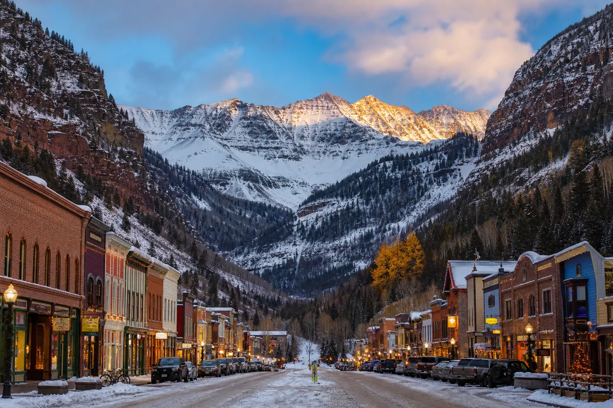 Telluride main street in box canyon with San Juan Mountain peaks