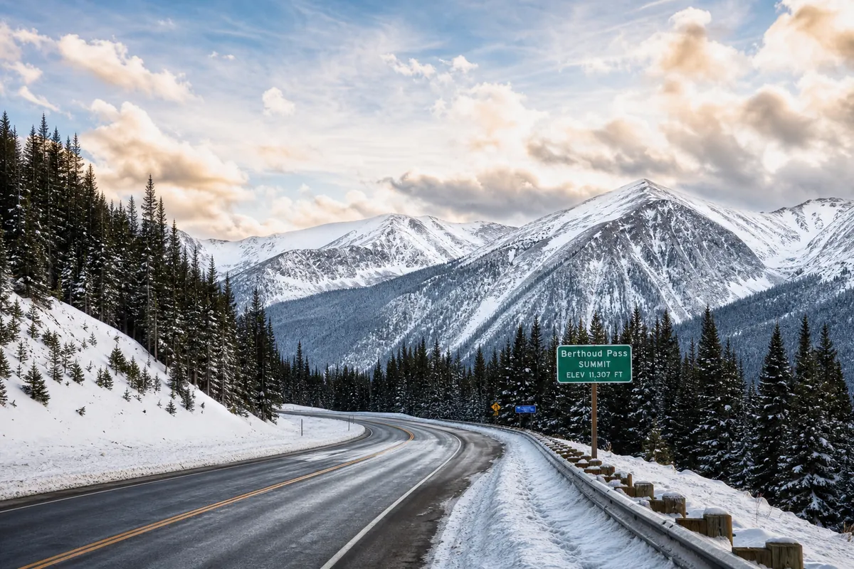 Scenic Berthoud Pass mountain road through snowy Colorado pines