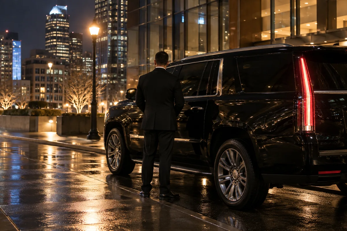 Chauffeur waiting beside a black SUV on a quiet downtown Denver street at night