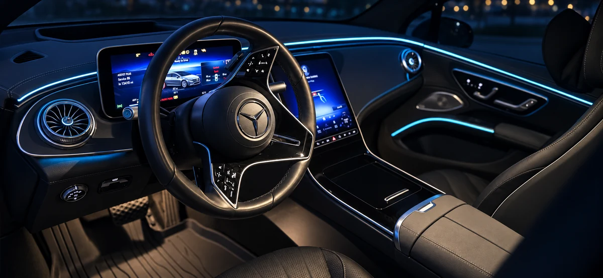Front cabin of Arion&rsquo;s 2023 Mercedes-Benz EQS 450 showing the driver displays and blue ambient cabin lighting