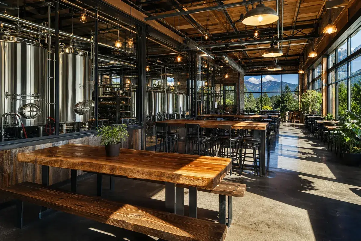 Craft brewery taproom with stainless fermentation tanks and long wooden tables, Colorado