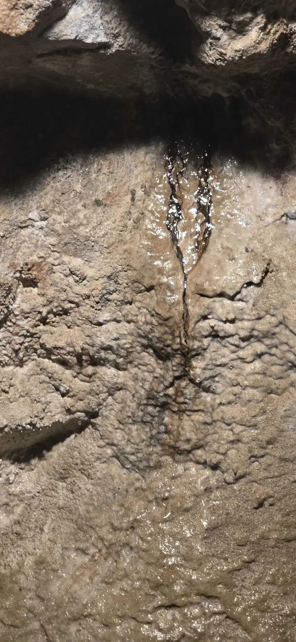 Dragon's blood — dark silver oxide seepage trickling down the rock wall inside the Lebanon Mine