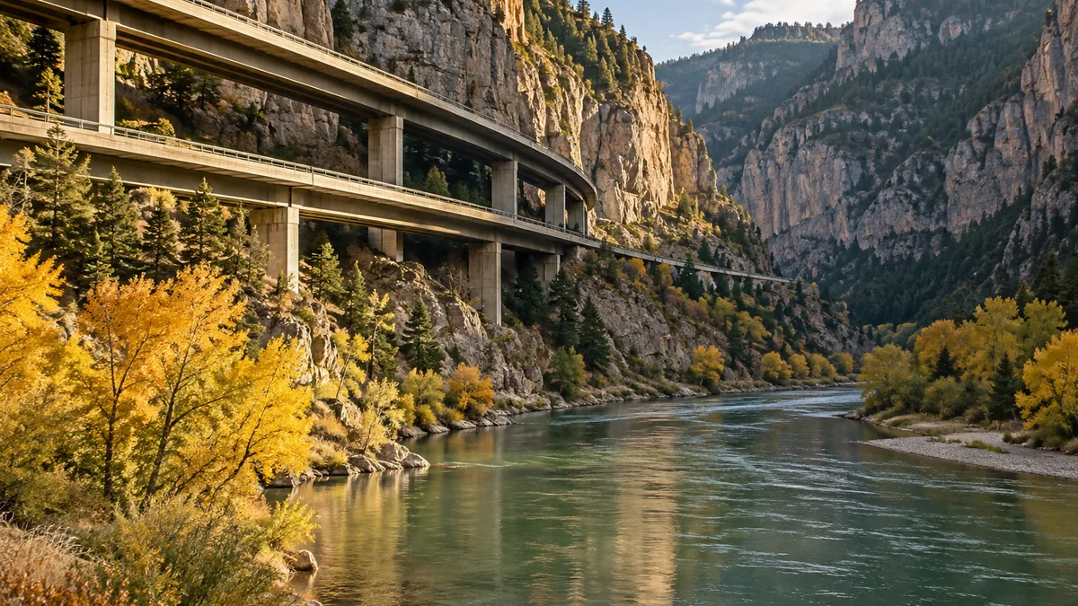 Interstate 70 on elevated viaducts through the limestone walls of Glenwood Canyon