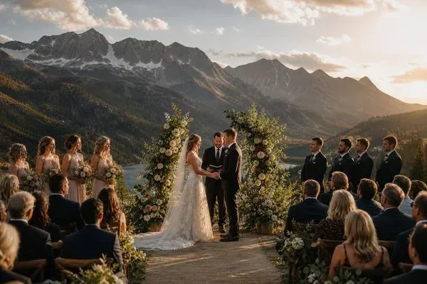 Mountain wedding ceremony above a Colorado valley