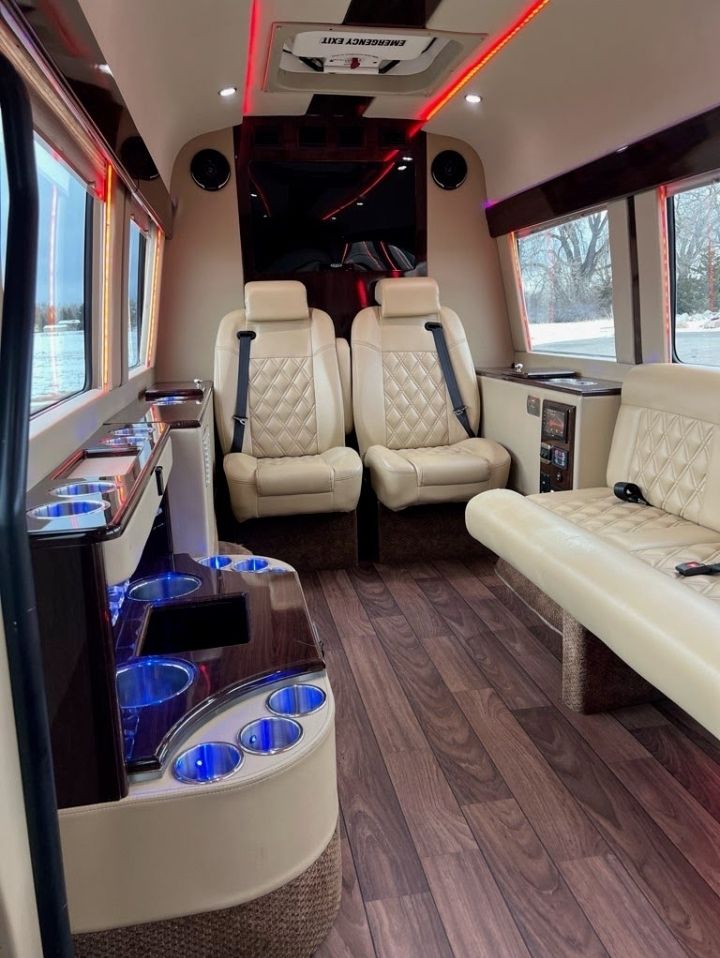 Jet Sprinter luxury interior with hardwood floors - Denver car service fleet