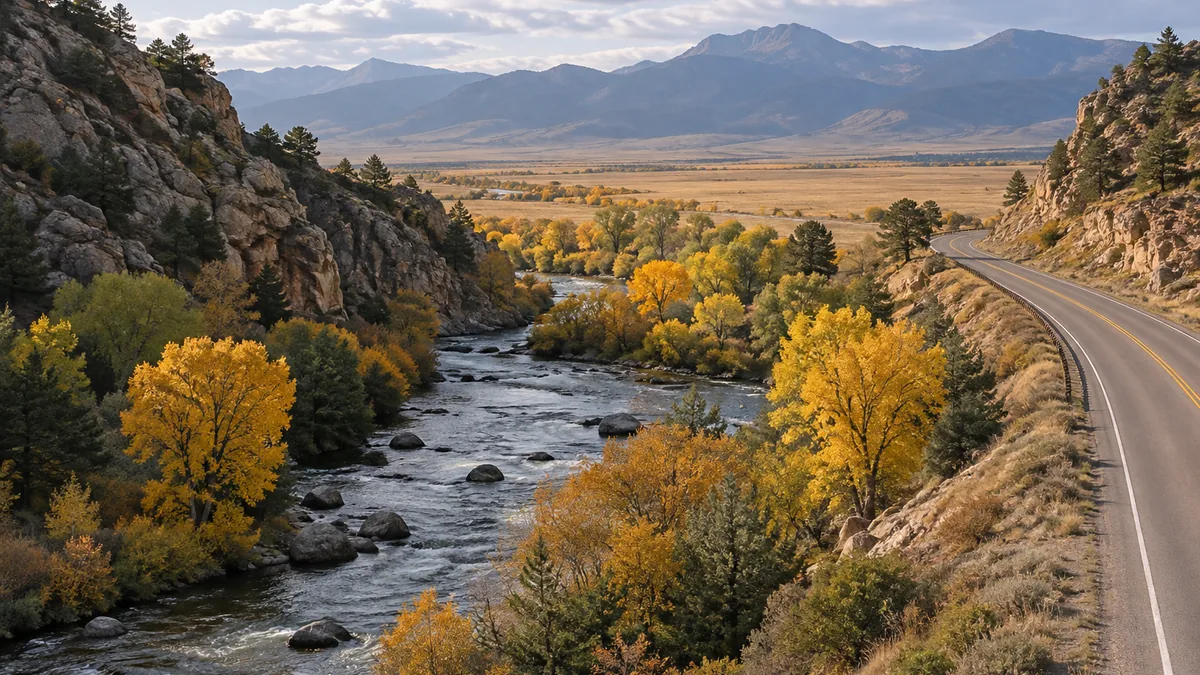 The mouth of the Big Thompson Canyon west of Loveland with a two-lane highway and autumn cottonwoods
