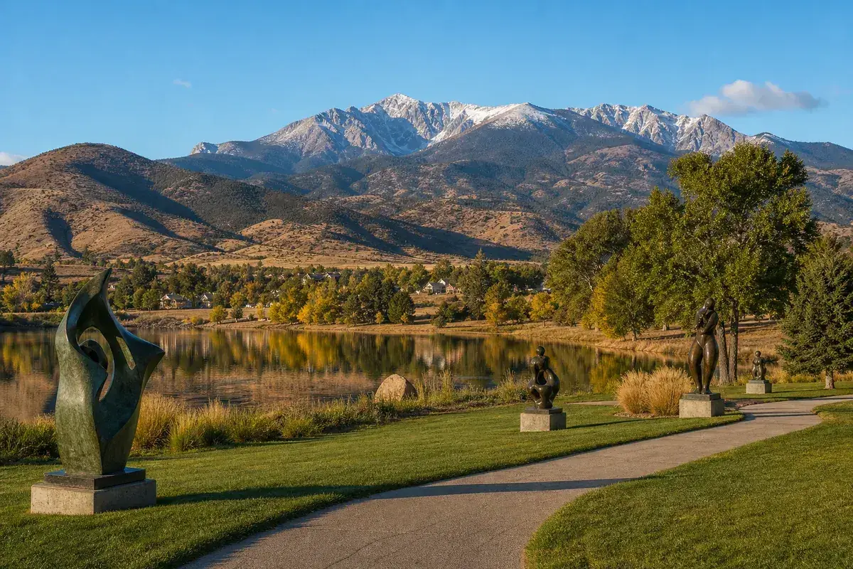 Bronze sculptures along a lakeside path with the Front Range behind, Loveland Colorado