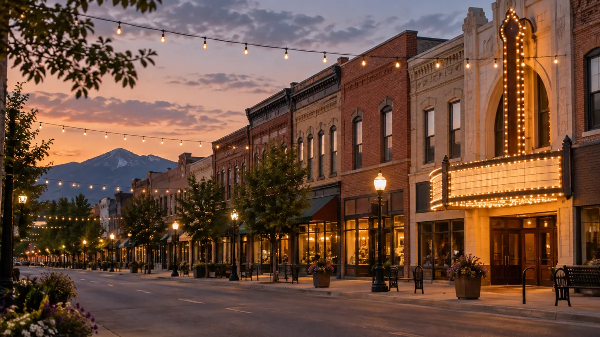 Restored brick storefronts and a historic theater in downtown Loveland, Colorado