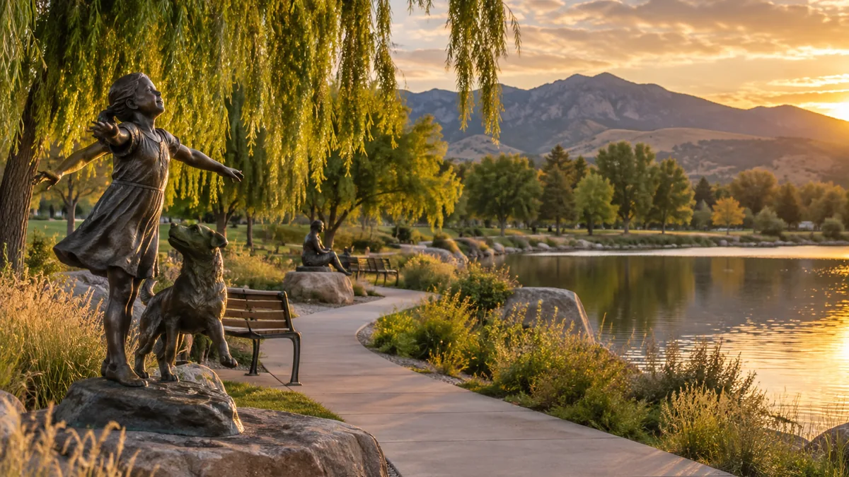 Bronze sculptures along a lake path at Benson Sculpture Garden in Loveland, Colorado