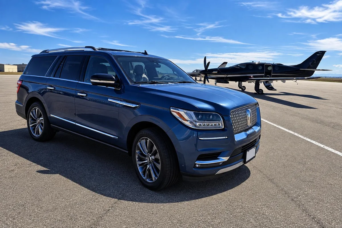 Arion chauffeured Lincoln Navigator staged on the ramp beside a private aircraft