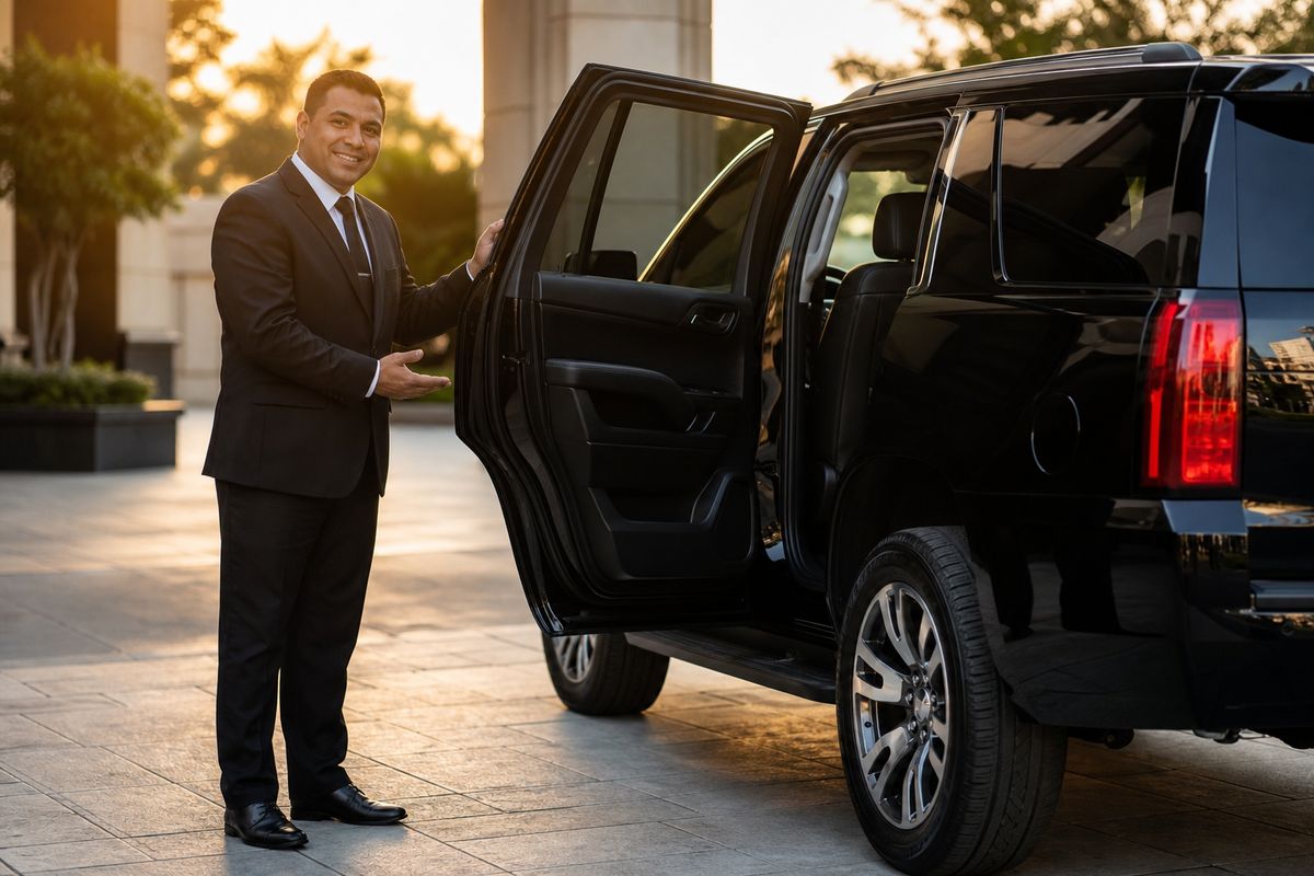 Professional chauffeur opening the door of a luxury black SUV for a passenger