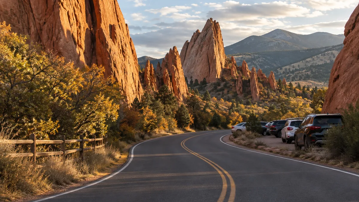 The two-lane park road curving between red sandstone fins at Red Rocks