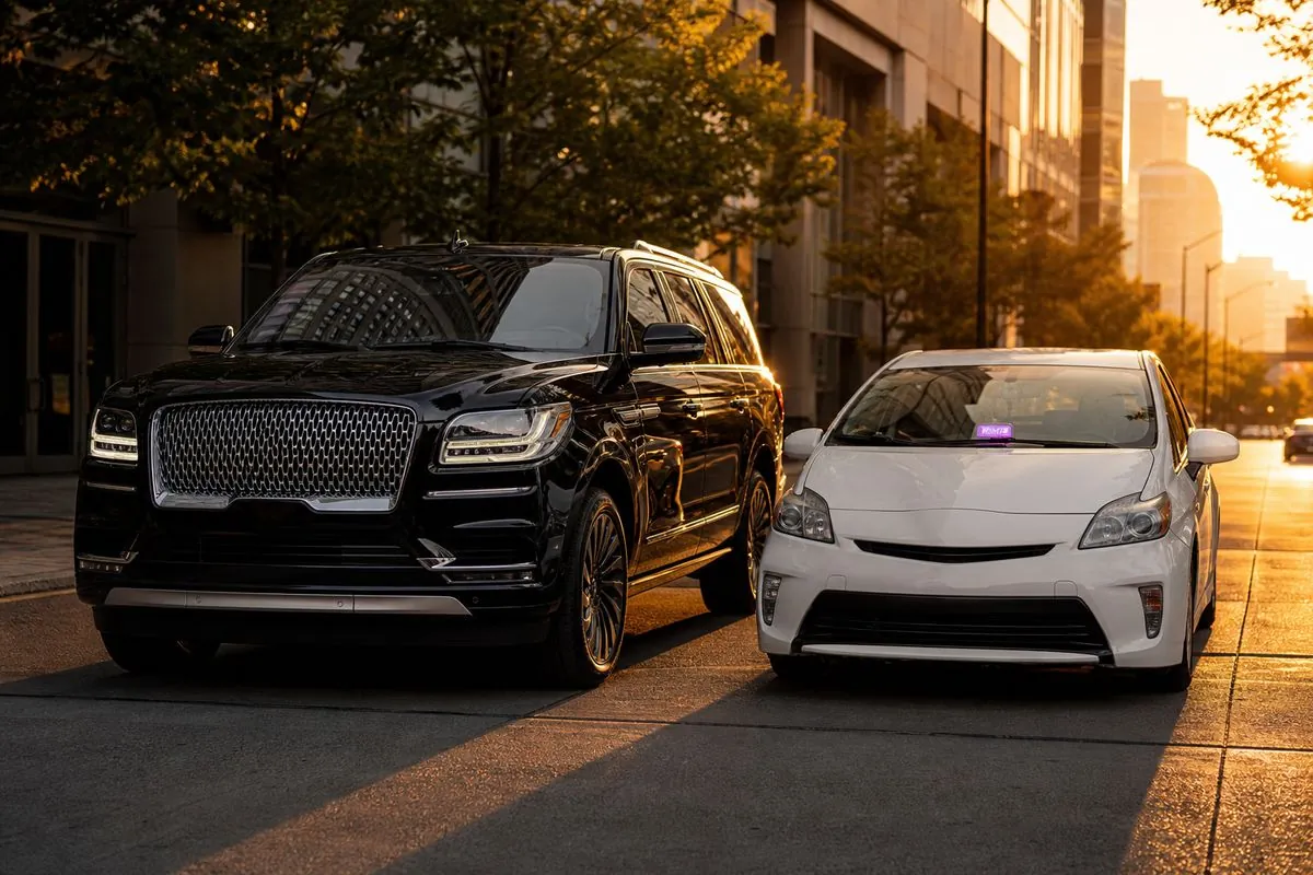 Black Lincoln Navigator L parked next to a white Toyota Prius rideshare at golden hour