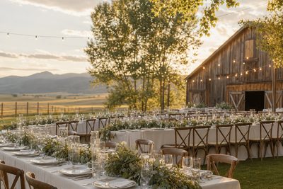 Long reception tables set for a wedding on a Northern Colorado ranch at golden hour, barn and foothills behind