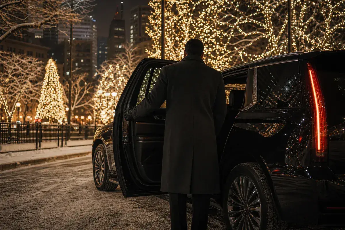 Chauffeur holding the rear door of a black SUV on a snowy Denver street lined with holiday lights