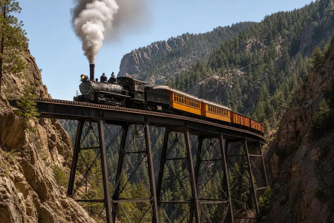 Georgetown Loop Railroad steam train crossing Devil's Gate trestle bridge