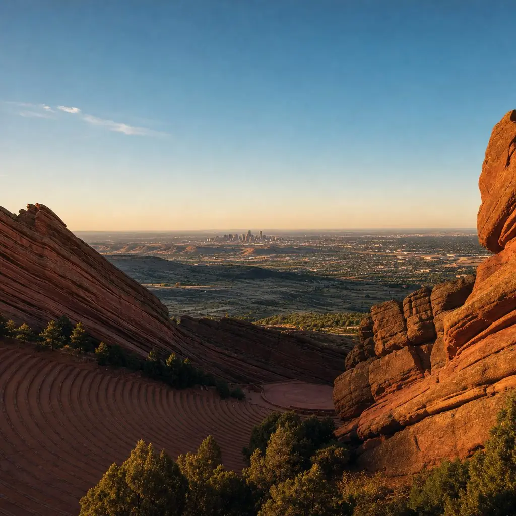 Red Rocks Amphitheatre sandstone formations with Denver skyline