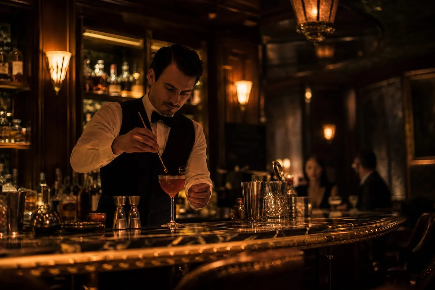 Bartender crafting a cocktail in a moody Art Deco speakeasy
